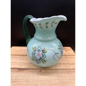 Fenton 75TH Anniversary Cased Glass Pitcher Turquoise With Applied Handle Signed